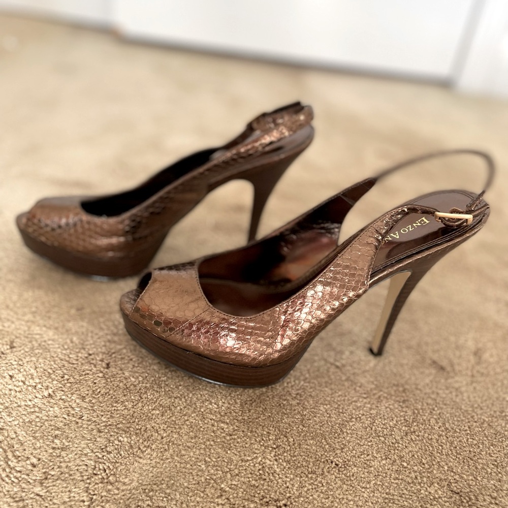 Enzo Angiolini copper snakeskin open toe sling back heels with platform, size 9